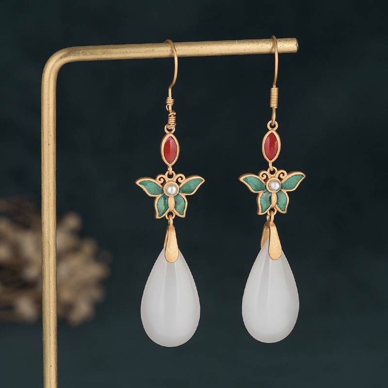 Pendientes colgantes de la suerte de jade blanco FengShui con Buddha Stones