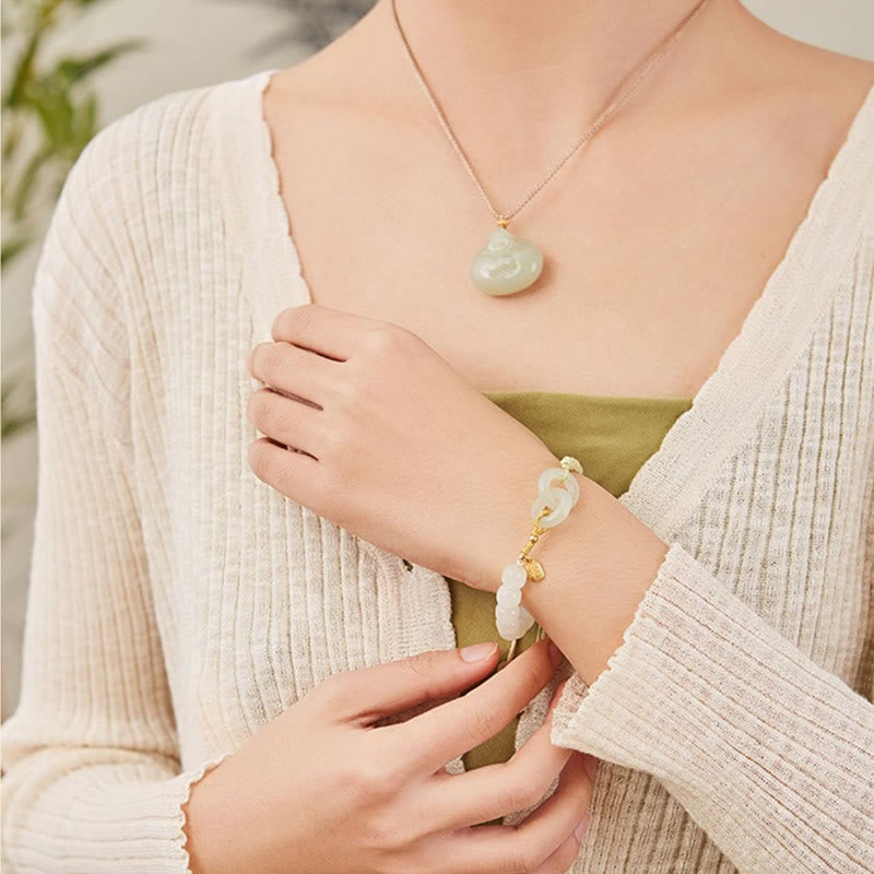 Pulsera trenzada con doble hebilla de paz y cuentas de jade hetiano natural, Buddha Stones, carácter Fu, abundancia