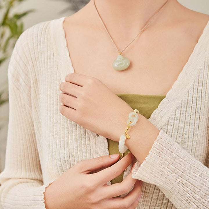 Pulsera trenzada con doble hebilla de paz y cuentas de jade hetiano natural, Buddha Stones, carácter Fu, abundancia