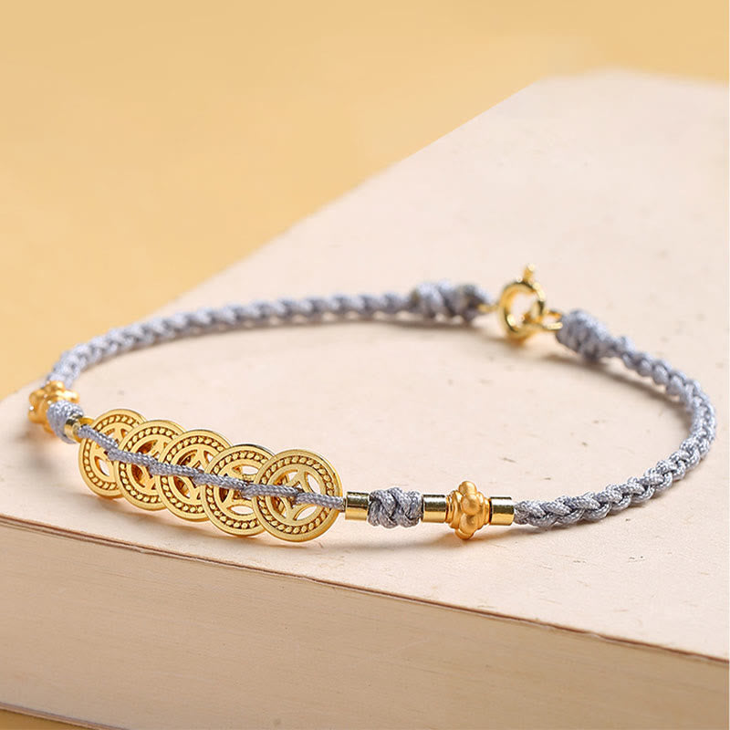 Pulsera trenzada de cuerda azul con Buddha Stones, moneda de cobre, árbol de la fortuna, perla, suerte