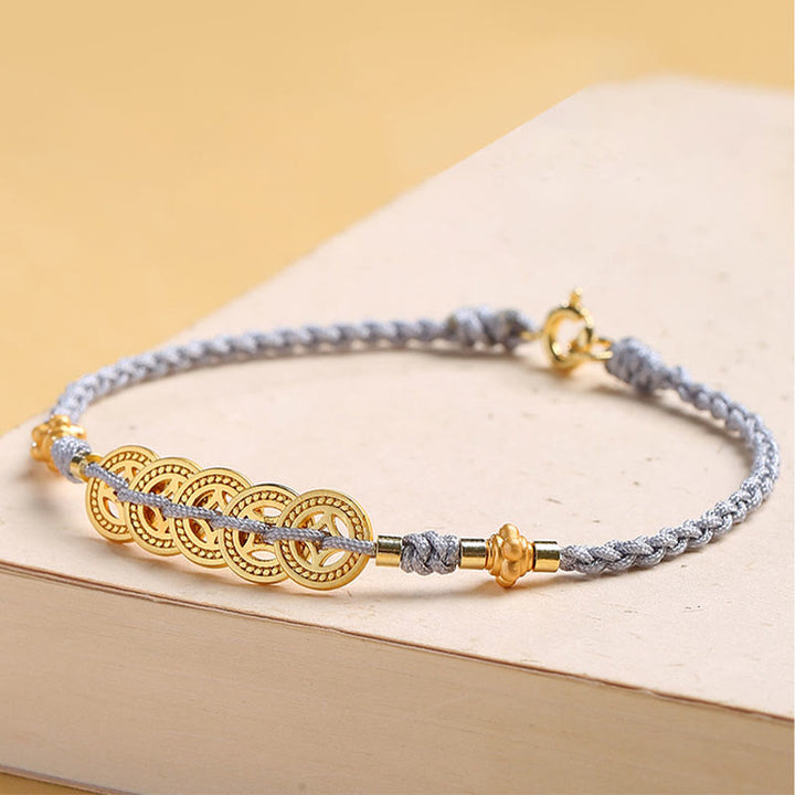 Pulsera trenzada de cuerda azul con Buddha Stones, moneda de cobre, árbol de la fortuna, perla, suerte