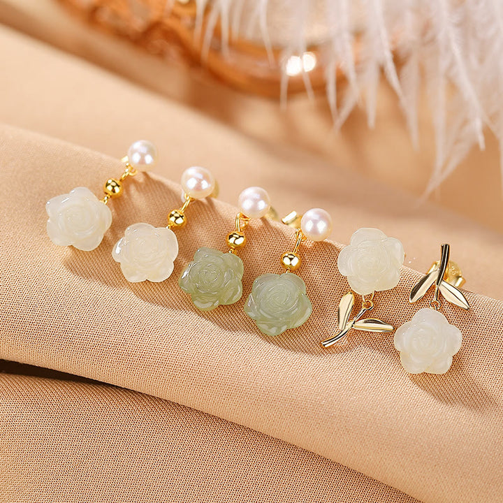 Pendientes de la suerte con perlas de jade cian y flor de rosa de jade chapado en plata de ley 925 con Buddha Stones