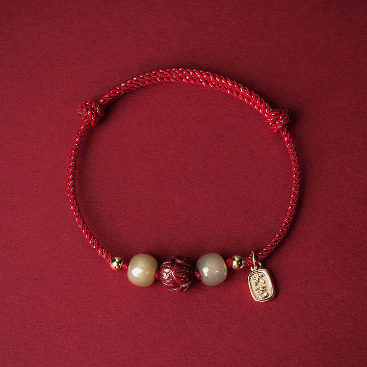Pulsera de cuerda hecha a mano con Buddha Stones chapadas en oro de 14 quilates, jade hetiano, cinabrio, suerte de loto - Cuerda roja (circunferencia de la muñeca: 13-18 cm) - image 0