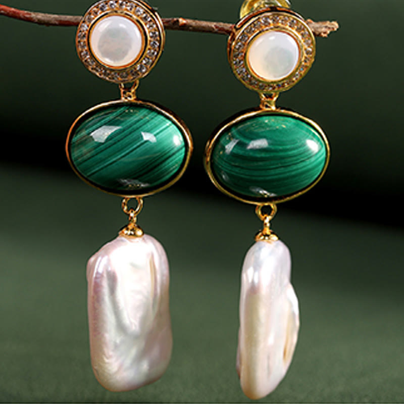 Pendientes colgantes de sabiduría curativa de malaquita, Perla Barroca Natural de Plata de Ley 925 con Buddha Stones
