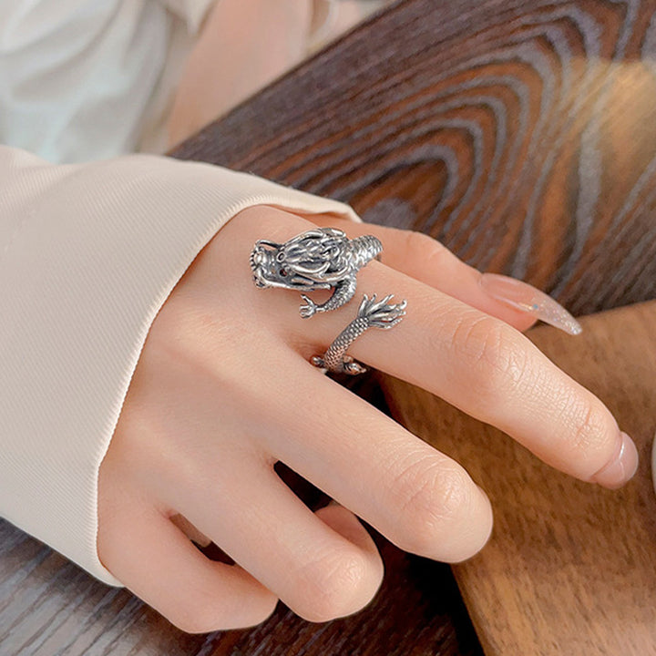 Anillo de metal de la suerte con diseño del año del dragón de plata de ley 925 vintage con Buddha Stones