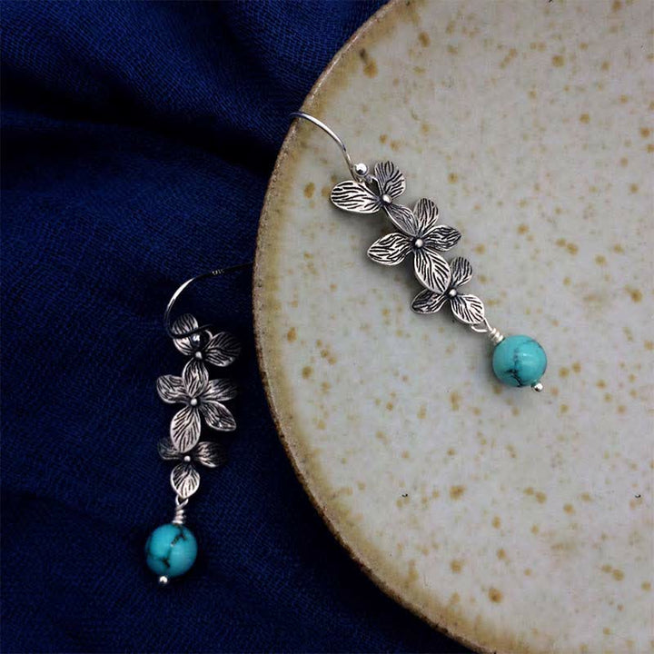Pendientes colgantes de plata de ley 925 con forma de flor de lazurita turquesa y hoja de serenidad