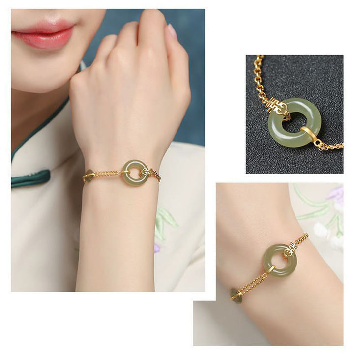 Pulsera de cadena de prosperidad auspiciosa con personaje Fu de calabaza con hebilla de paz redonda de Jade