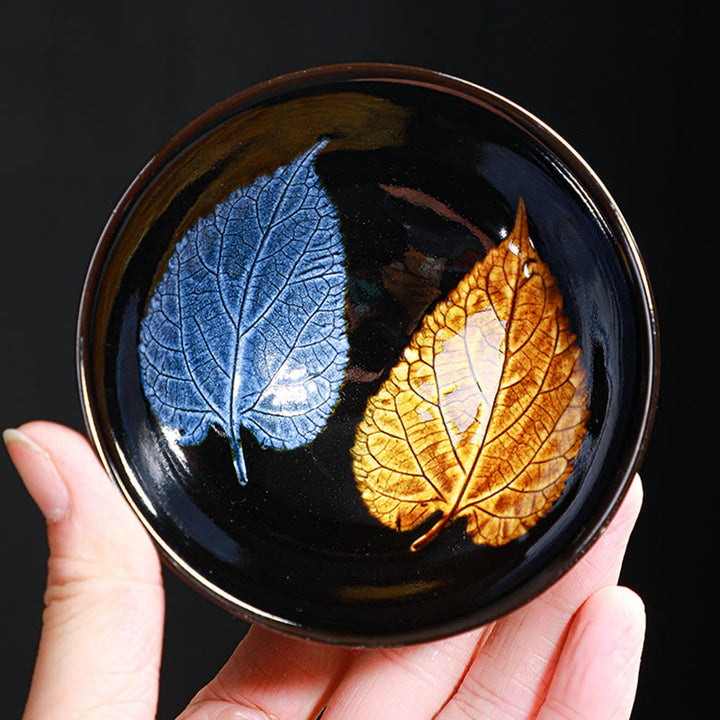 Buddha Stones, hoja de arce dorada, taza de té de cerámica china Jianzhan, tazón de taza de té Tenmoku Kung Fu