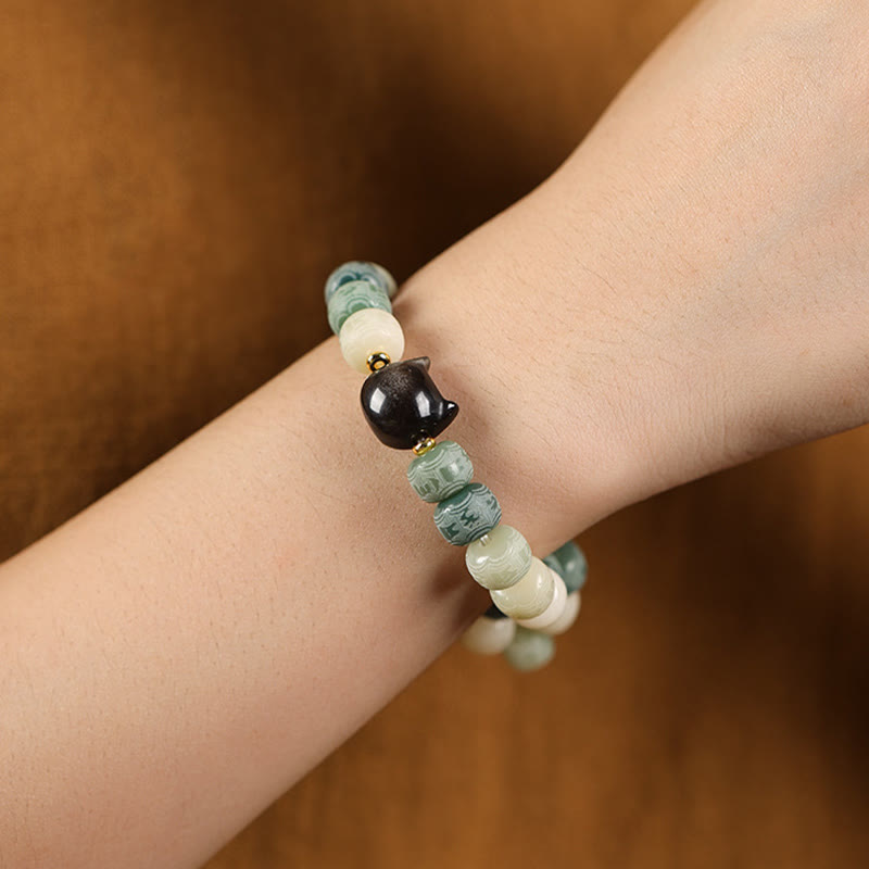 Pulsera de armonía grabada con Buddha Stones de Bodhi, brillo plateado, obsidiana, cabeza de gato, Om Mani Padme Hum - image 12