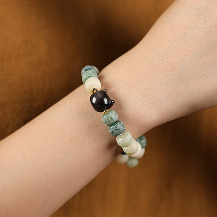 Pulsera de armonía grabada con Buddha Stones de Bodhi, brillo plateado, obsidiana, cabeza de gato, Om Mani Padme Hum - image 12
