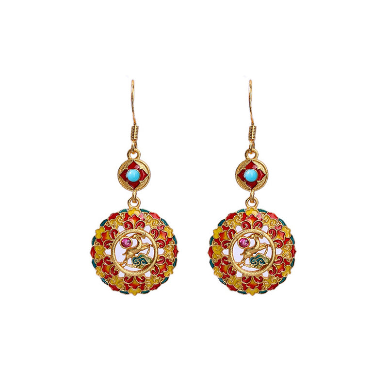 Pendientes colgantes de equilibrio de cobre de alce de color Dunhuang chapados en oro de 24 quilates con Buddha Stones