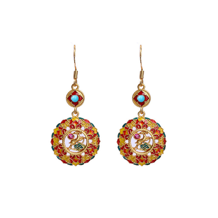 Pendientes colgantes de equilibrio de cobre de alce de color Dunhuang chapados en oro de 24 quilates con Buddha Stones