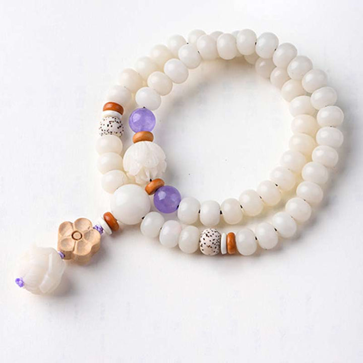 Pulsera de bendición de loto Bodhi de jade blanco tibetano con Buddha Stones