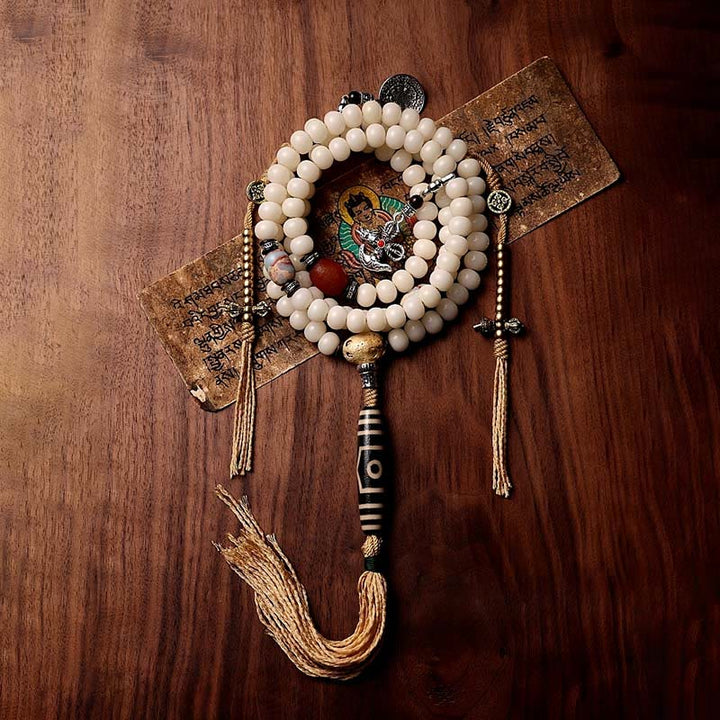 Buddha Stones Tíbet 108 cuentas Mala semilla Bodhi Bagua Vajra Dzi cuentas ágata gris pulsera de riqueza