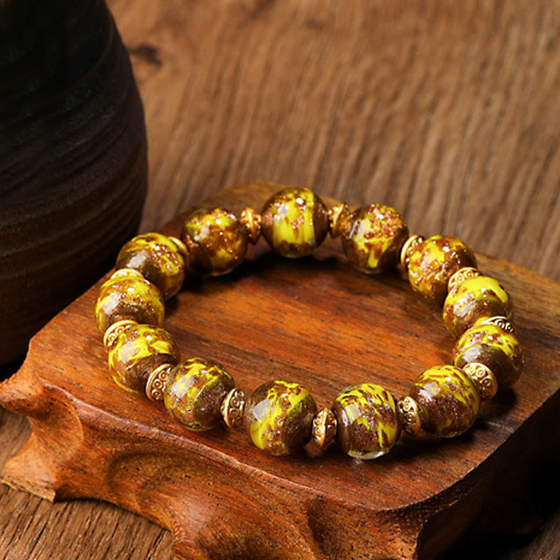 Pulsera de la fortuna con cuentas de cristal Liuli, dije de la familia de la bestia tragadora de oro con Buddha Stones - Oro - Versión simple - 12 mm - image 4