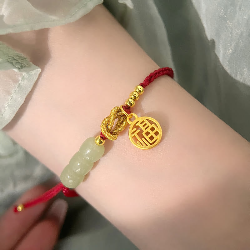 Pulsera de cuerda roja de la suerte con dije de personaje Fu con cuentas de jade hechas a mano con Buddha Stones