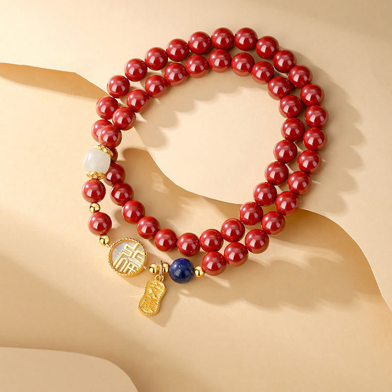Pulsera de bendición de doble envoltura con carácter Fu de piedra Tridacna de cinabrio de plata de ley 925 de Buddha Stones - image 1