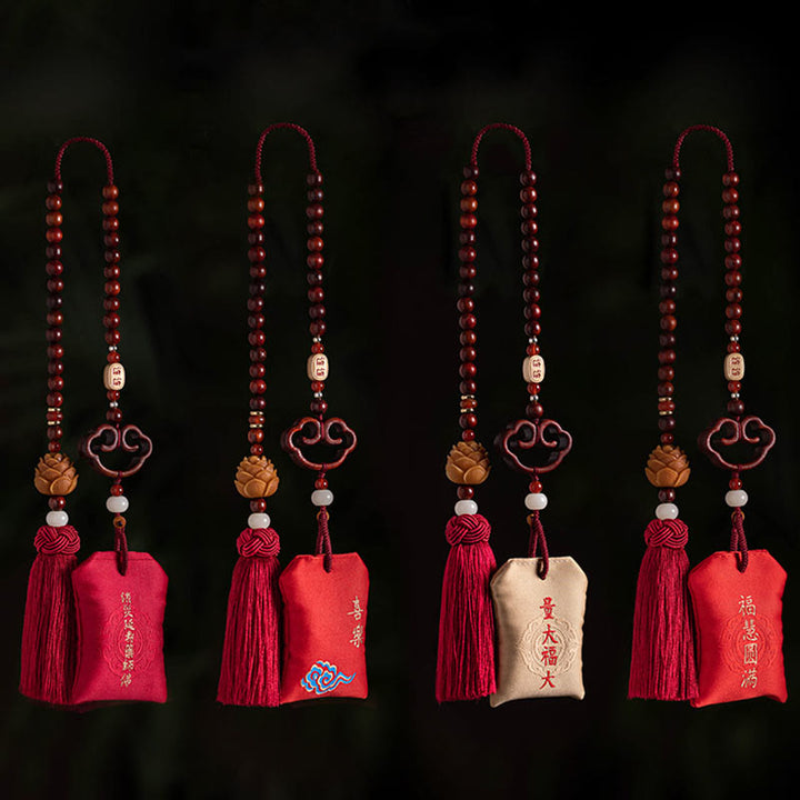Buddha Stones tibetanas, hoja pequeña, sándalo rojo, loto, cinabrio, bolsita de protección, borla, decoración colgante para coche