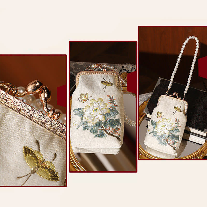 Bolso bandolera con cadena de metal y perlas bordadas con mariposas y flores pequeñas de Buddha Stones, bolso cruzado para teléfono móvil