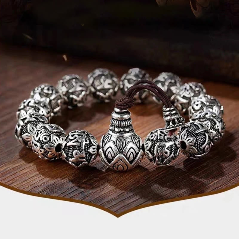 Pulsera de amuleto de cuentas de aleación tallada Om Mani Padme Hum tibetano con Buddha Stones