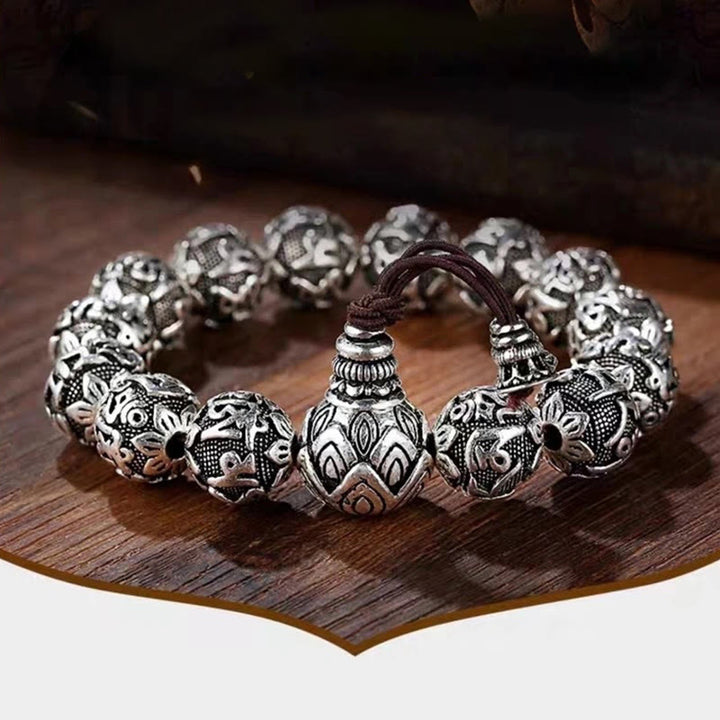 Pulsera de amuleto de cuentas de aleación tallada Om Mani Padme Hum tibetano con Buddha Stones