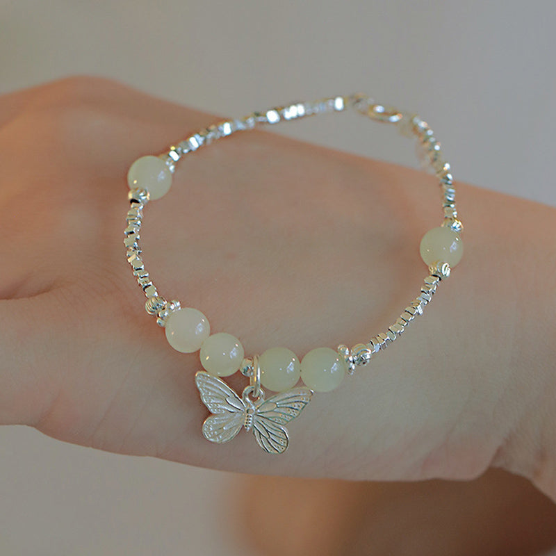 Pulsera con dije de mariposa de la suerte de jade hetiano natural de plata de ley 925 con Buddha Stones