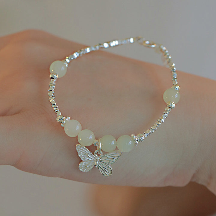 Pulsera con dije de mariposa de la suerte de jade hetiano natural de plata de ley 925 con Buddha Stones