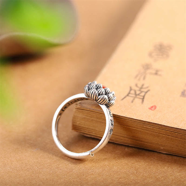 Anillo de bendición de confianza de ágata roja de loto de plata de ley 925