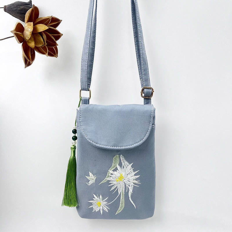 Bolso bandolera con flores bordadas pequeñas y Buddha Stones, bolso de hombro, bolso para móvil de doble capa