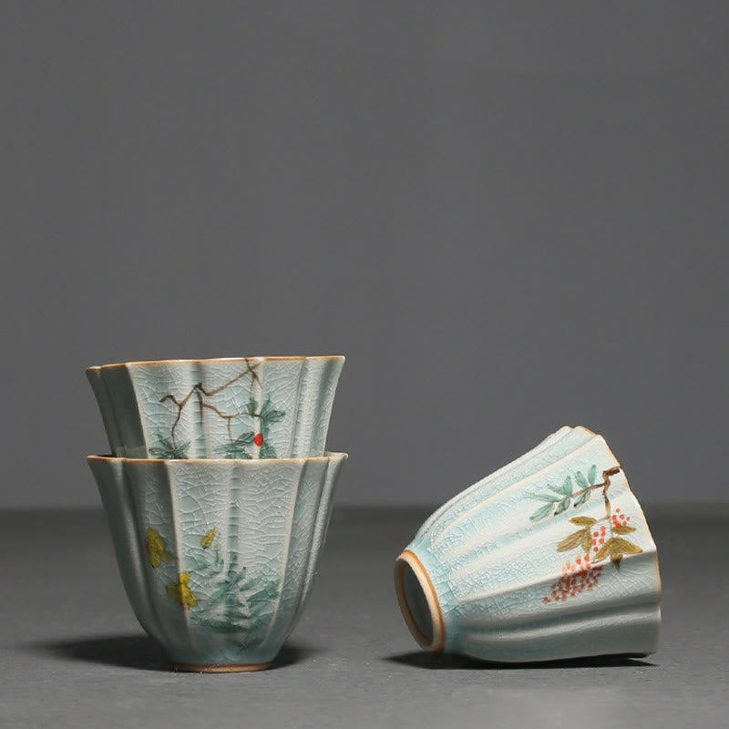 Taza de té de cerámica de Kung Fu con Buddha Stones , níspero, cornejo, espino, gloria de la mañana