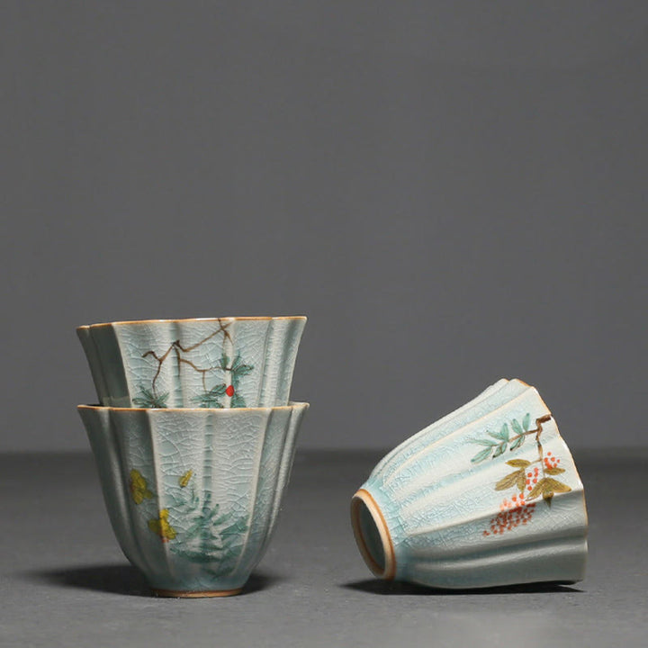 Taza de té de cerámica de Kung Fu con Buddha Stones , níspero, cornejo, espino, gloria de la mañana