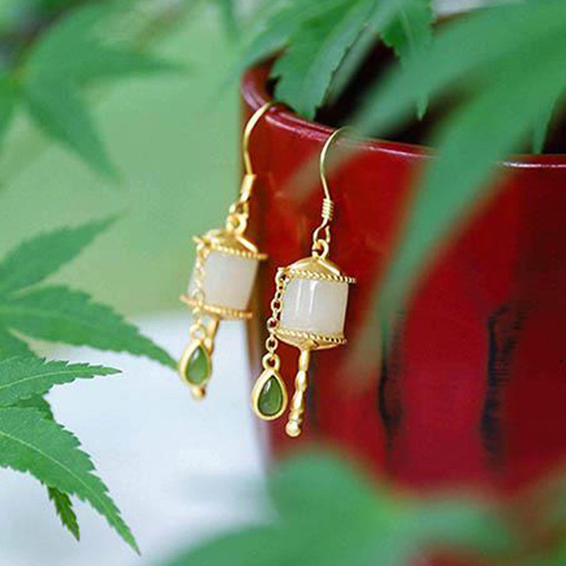 Pendientes colgantes de la suerte con rueda de oración de jade de plata de ley 925 con Buddha Stones
