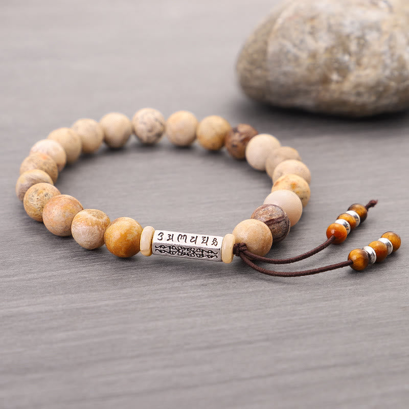 Pulsera fortalecida Om Mani Padme Hum de piedra desgastada