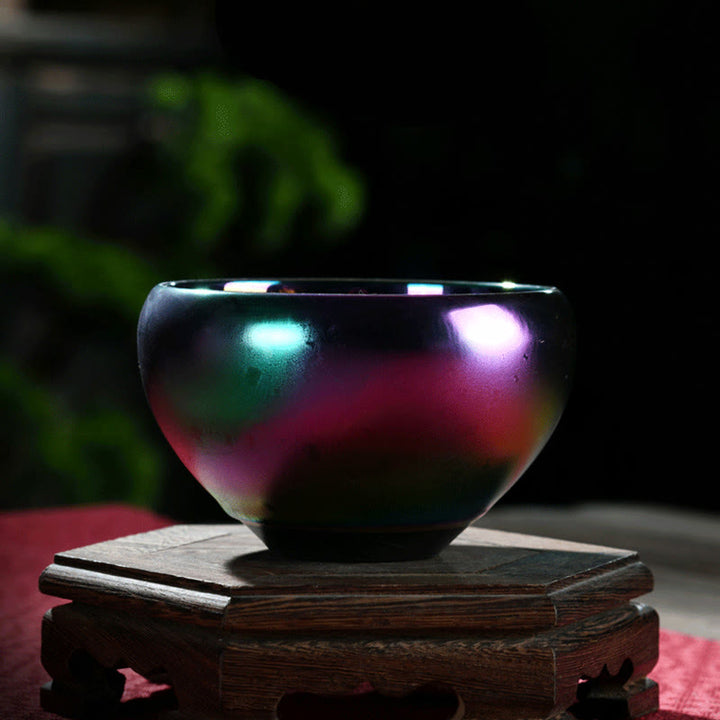 Taza de té de cerámica con incrustaciones de Jianzhan chino, con forma de Buddha Stones , loto, fénix, pez koi, pavo real, cambio de horno, taza de té de kung fu