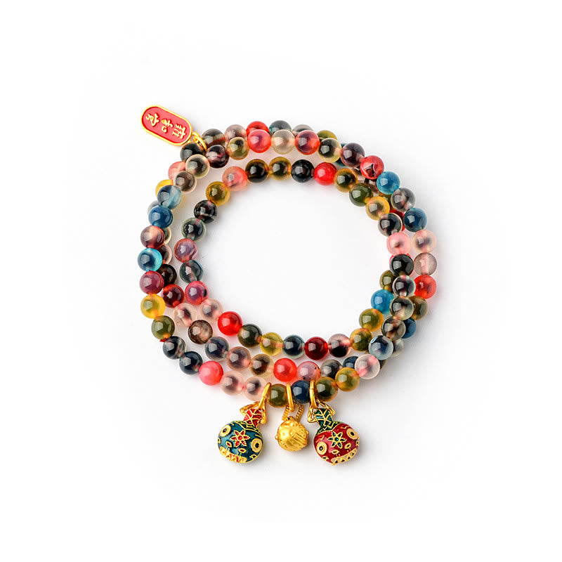 Pulsera de triple envoltura con dije de fuerza familiar de bestia tragadora de oro con ágata de caramelo colorida y Buddha Stones