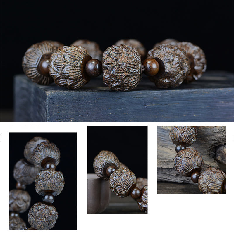Pulsera de equilibrio grabada con dragón de loto, dieciocho arhats, madera de ébano, Buddha Stones