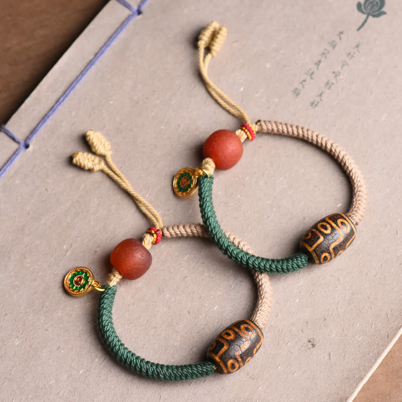Pulsera de cuerda de riqueza con cuentas Dzi tibetanas de nueve ojos hechas a mano con Buddha Stones