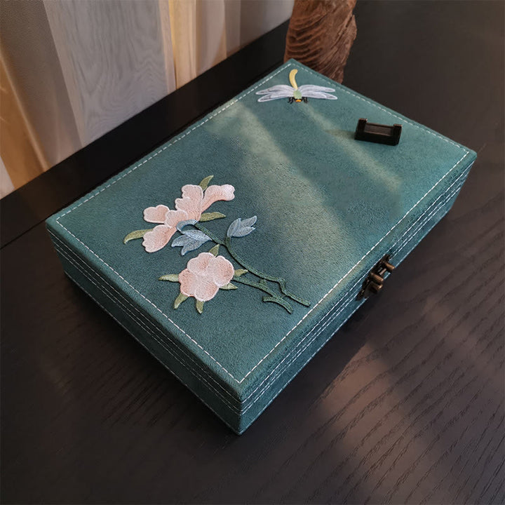 Caja organizadora de joyería con Buddha Stones , flores y libélula, caja de almacenamiento de joyería de una sola capa, caja de franela