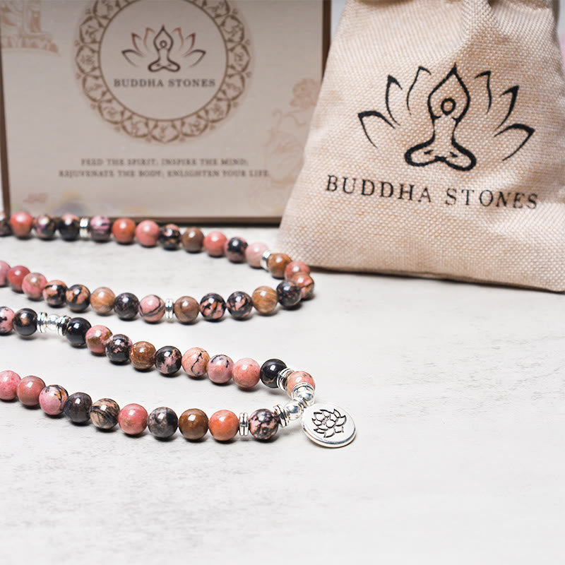 Pulsera de energía de compasión de loto de rodonita con 108 cuentas de Mala de Buddha Stones