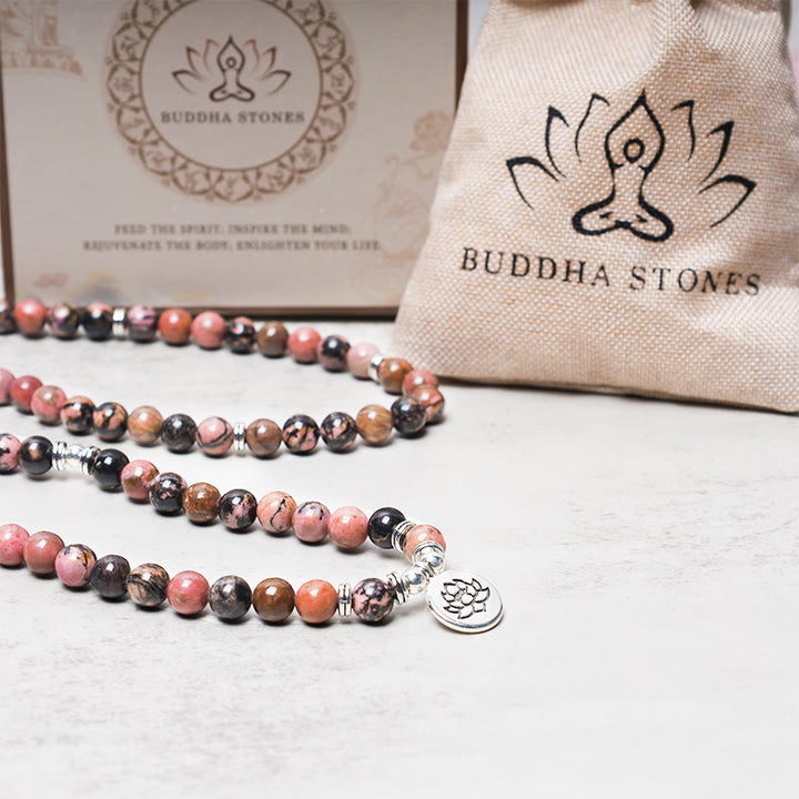 Pulsera de energía de compasión de loto de rodonita con 108 cuentas de Mala de Buddha Stones