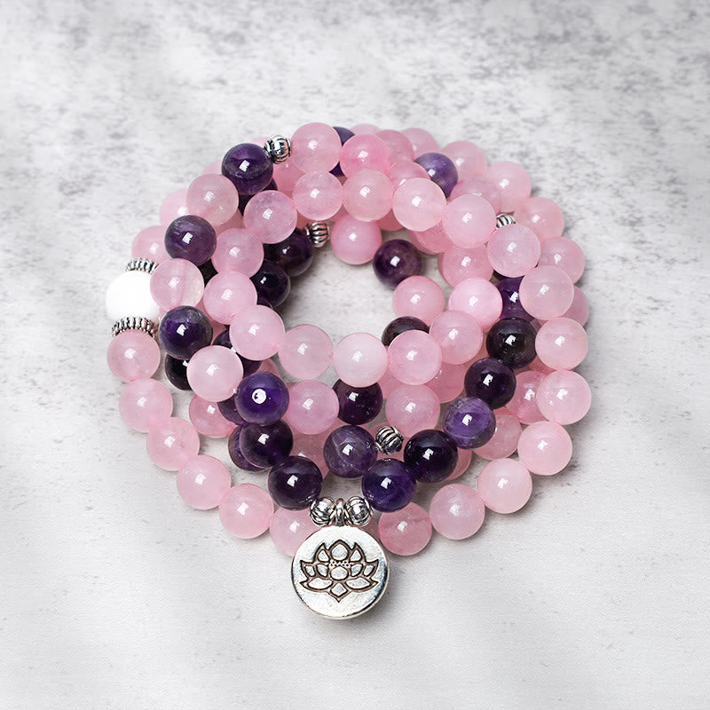 Pulsera con colgante de loto con cuentas Mala de cuarzo rosa natural y amatista con Buddha Stones - image 1