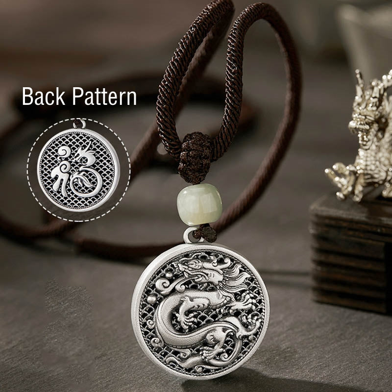 Collar con colgante de plata de ley 999 con Buddha Stones, diseño del Año del Dragón Fu, con carácter de jade hetiano