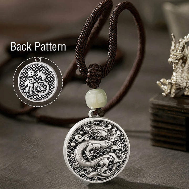 Collar con colgante de plata de ley 999 con Buddha Stones, diseño del Año del Dragón Fu, con carácter de jade hetiano