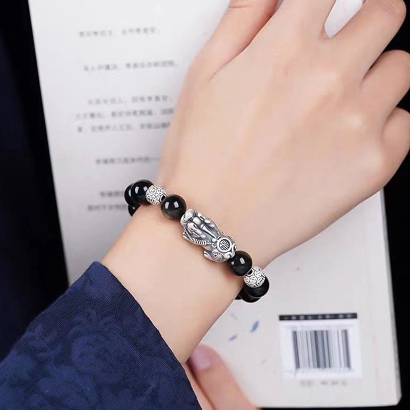 Pulsera de protección de la riqueza PiXiu de obsidiana brillante de oro natural de plata de ley 925 con Buddha Stones
