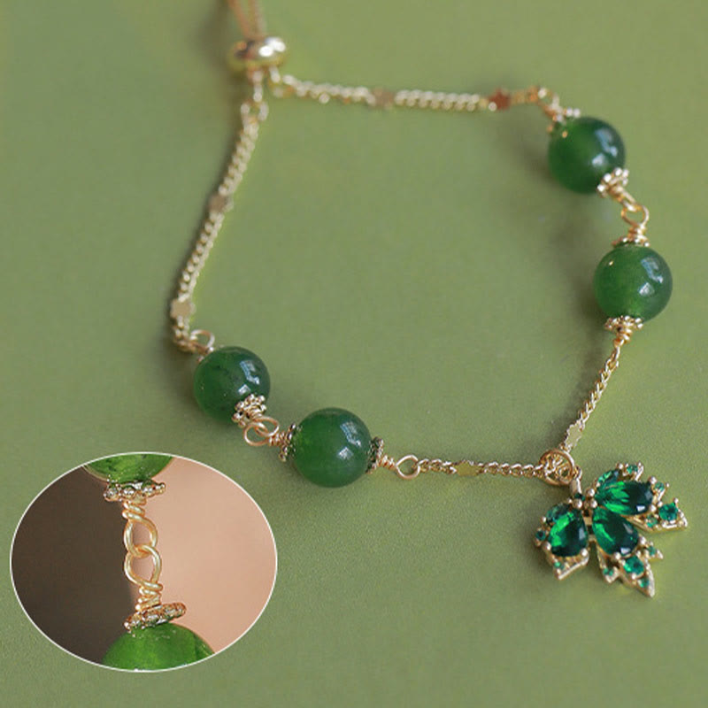 Pulsera de fuerza de valor de hoja de arce de calcedonia verde chapada en oro de 14 quilates con Buddha Stones