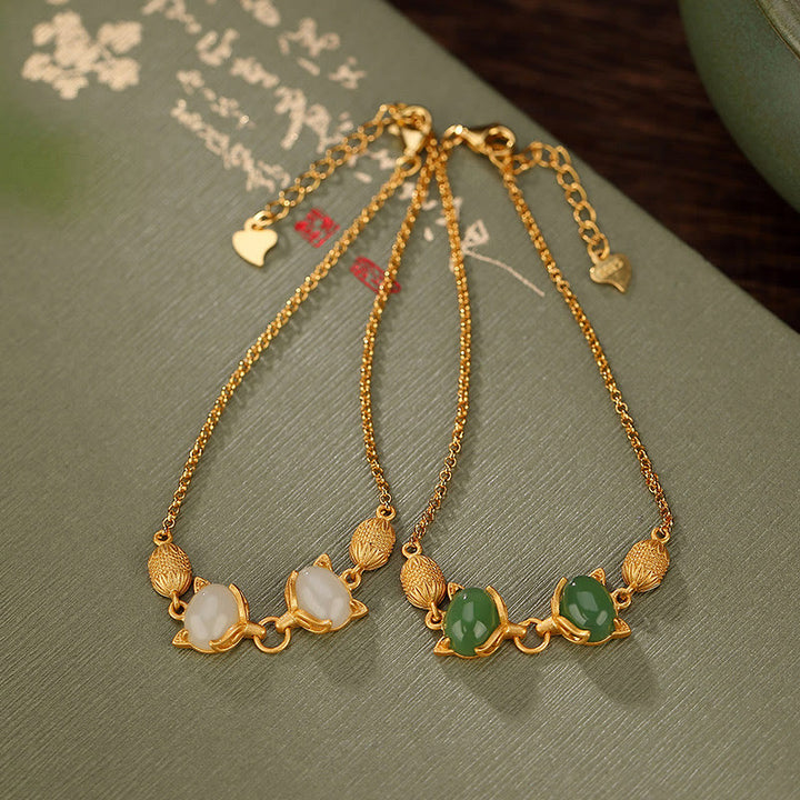 Buddha Stones Plata de Ley 925 Natural Hetian blanco Jade cian Jade encantadora pulsera de la suerte de zorro