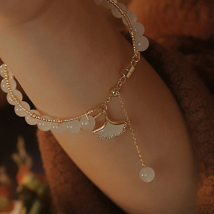 Pulsera de la suerte con cuentas de jade y hojas de ginkgo de Buddha Stones