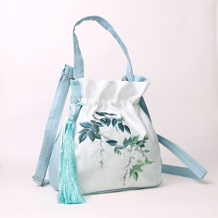 Buddha Stones Flores bordadas Wisteria Lily Algodón Lino Tote Bolso bandolera Bolso de hombro Bolso