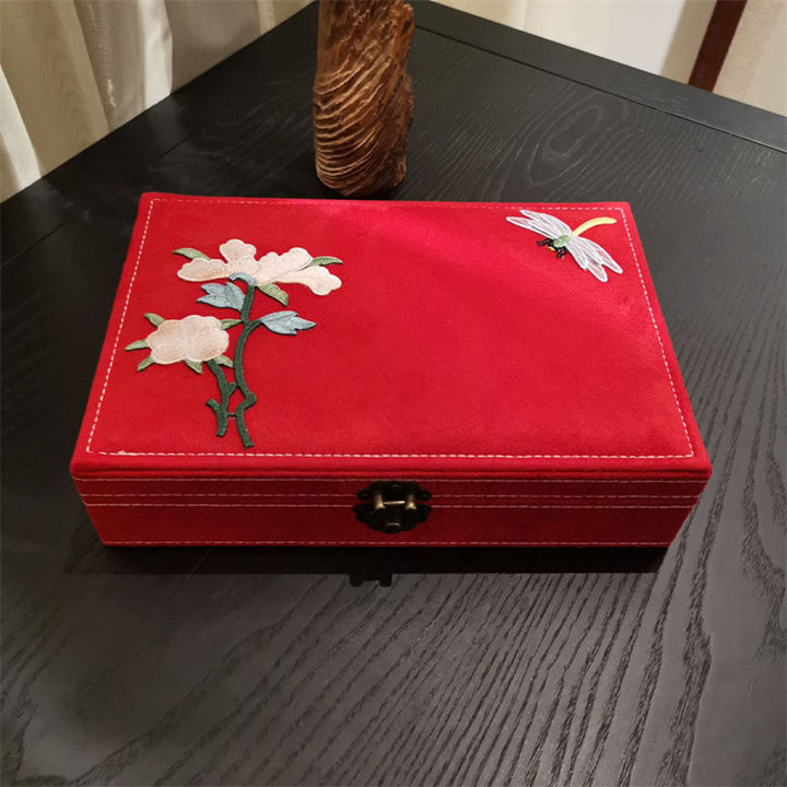 Caja organizadora de joyería con Buddha Stones , flores y libélula, caja de almacenamiento de joyería de una sola capa, caja de franela