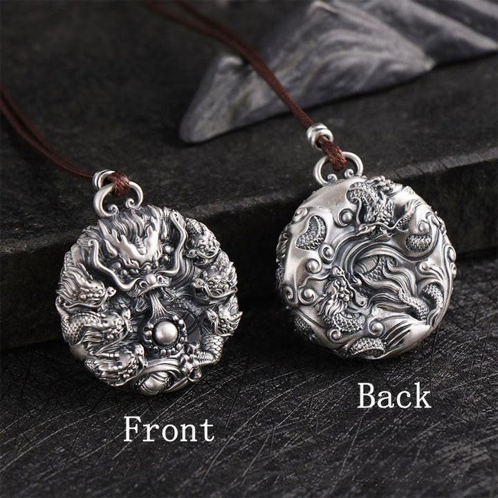 Collar con colgante de plata de ley 999 con Buddha Stones , nueve dragones jugando con una perla, protección de la suerte - image 2